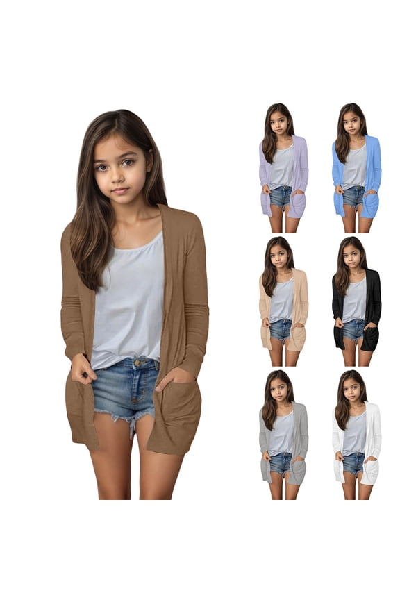 Open Cardigans for Girl 5-14Y Long Sleeve Knit Sweater Cardigans Solid Lightweight Draped Long Cardigans with Pocket Khaki for Size 13-14 Years