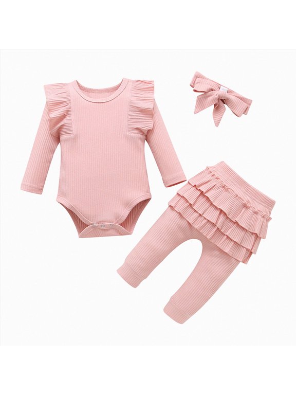 Preemie Newborn Infant Baby Girls Clothes Ribbed Bodysuit Pants Set Fall Winter Outfits(Pink,6-12 Months)