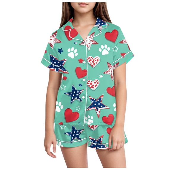 newwalpole Satin Pajamas for Girls Coat Style Unicorn & Cat Silky Button Down PJ Set Size 6-16 Green for Size 6-7 Years