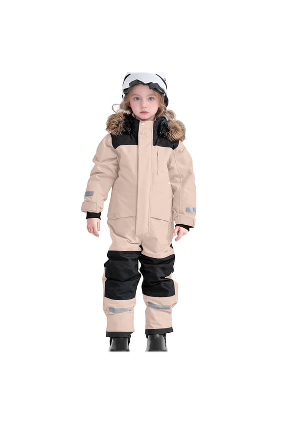 Snow Suit for Kids Girls Boys One Piece Toddler Snowsuit Waterproof Windproof Winter Outdoor Outfit Ski Suit Beige for Size 6-7 Years