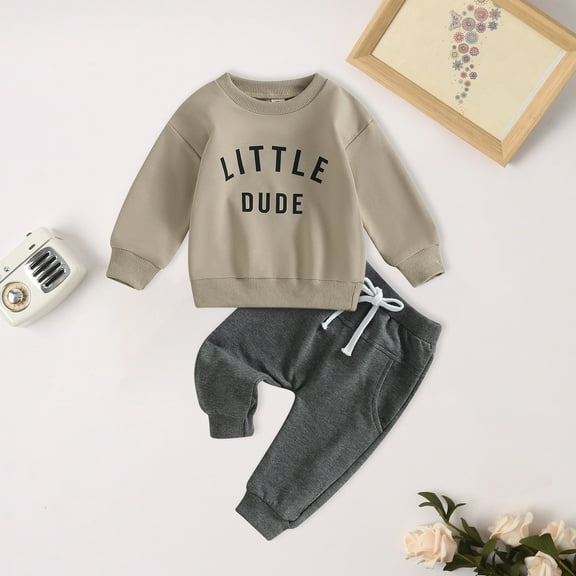 newwalpole Toddler Baby Boy Fall Winter Clothes Letter Graphic Long Sleeve Sweatshirt Pullover Tops   Joggers Pants Outfit Set Khaki for Size 18-24 Months