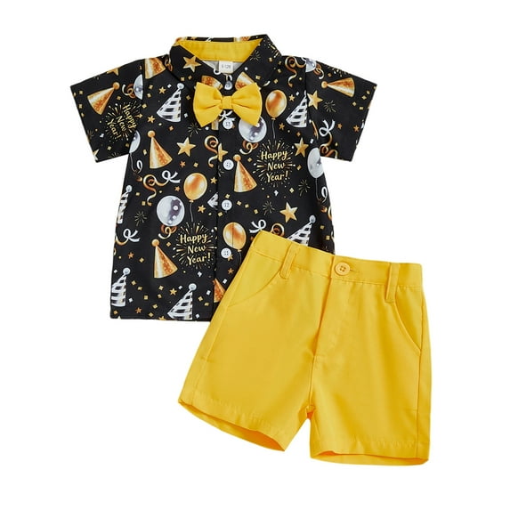 newwalpole Toddler Baby Boy New Year Outfit Balloon Firework Print Button Up Short Sleeve Bowtie Shirt Top Shorts Set Black for Size 2-3 Years