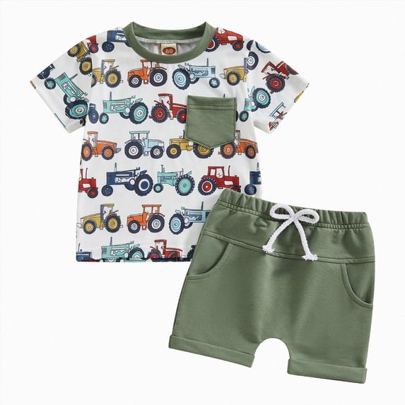 newwalpole Toddler Baby Boy Summer Clothes Excavator Embroidery Short Sleeve T-Shirt Elastic Waist Shorts Set 2 Piece Outfit (White,18-24 Months)