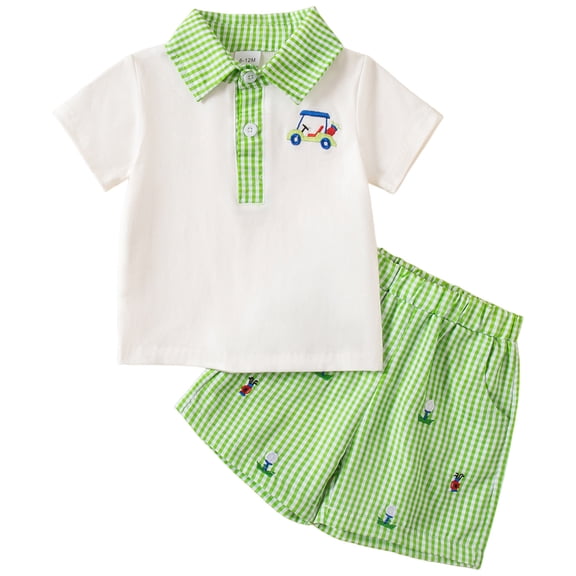 newwalpole Toddler Baby Boy Summer Clothes Golf Embroidery Short Sleeve Collared Polo T Shirt Plaid Shorts Set Cute Outfits Light Green for Size 2-3 Years