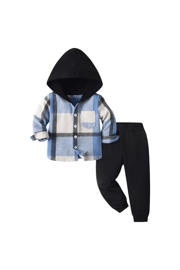 Toddler Baby Boys Clothes Flannel Lattice Button Down Hooded Tops +Pants Boys Fall Winter Outfits Blue for Size 6-7 Years