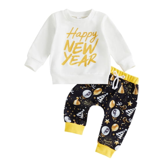 newwalpole Toddler Baby Boys Happy New Years Outfits Long Sleeve Pullover Pants Set White for Size 3-6 Months