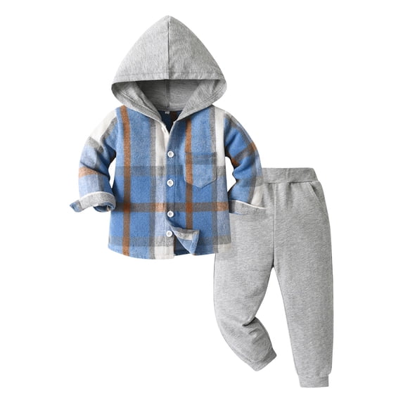 newwalpole Toddler Baby Boys Kids Flannel Plaid Shirt Outfits Set Winter Christmas Hoodie Top Pants Clothes 2 PCS Sky Blue for Size 5-6 Years