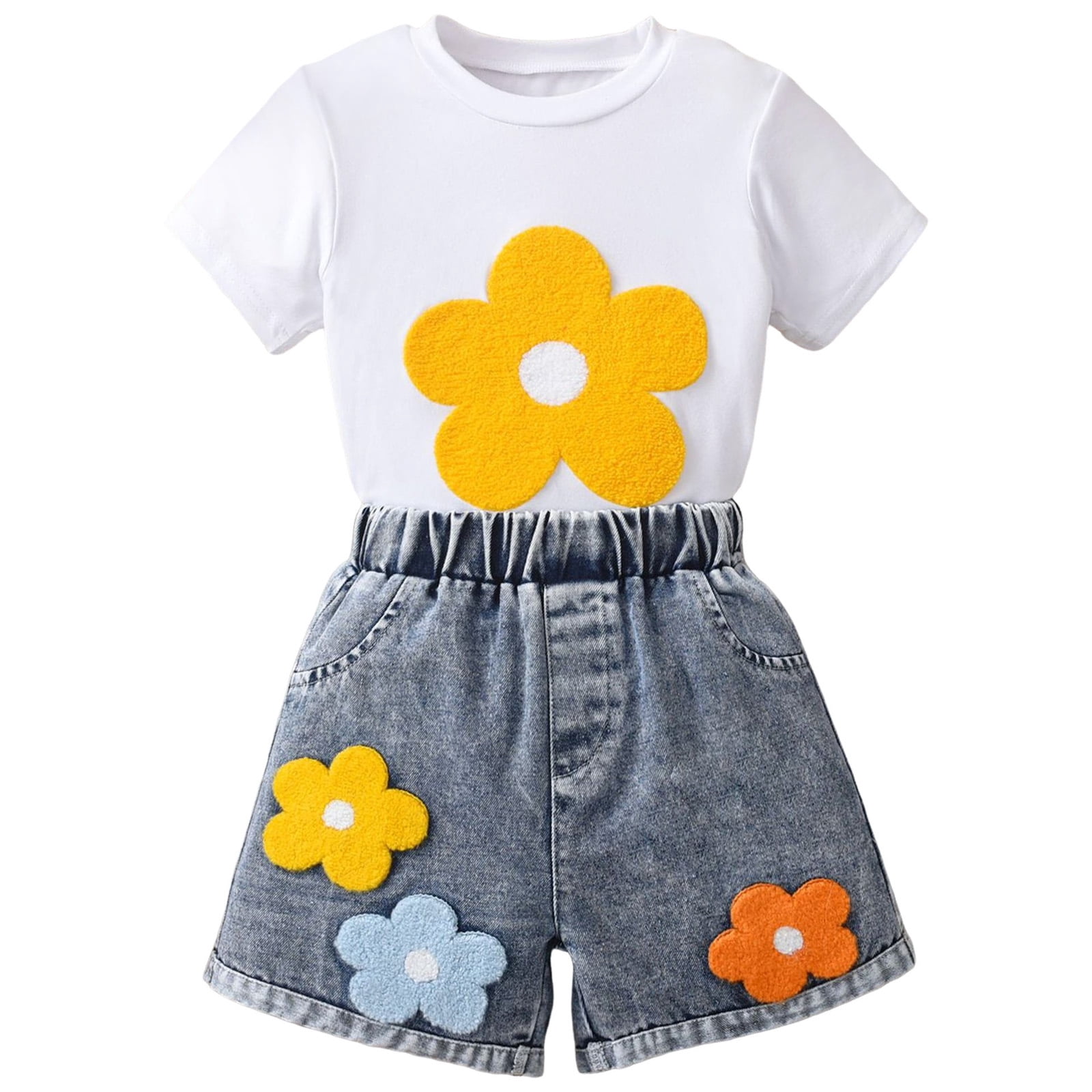 newwalpole Toddler Baby Girl Clothes Summer Floral Print Short Sleeve Tee Shirt Jeans Shorts Cute Outfit Girls Clothing Set White for Size 6-7 Years