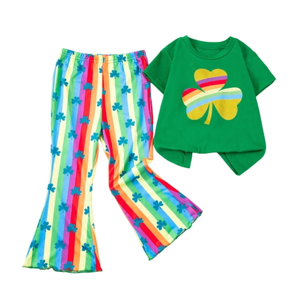 newwalpole Toddler Baby Girl St Patrick's Day Outfit Irish Day Sweatshirt Clover Charm Shirt Tops+Shamrock Bell Bottom Pants Set Green for Size 18-24 Months