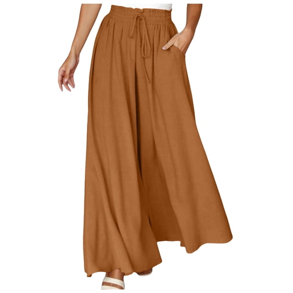 GEWSEY Women's 2026 Summer Wide Leg Palazzo Pants High Waisted Flowy Pockets Trendy Casual Lounge Boho Beach Trousers (Yellow, L)