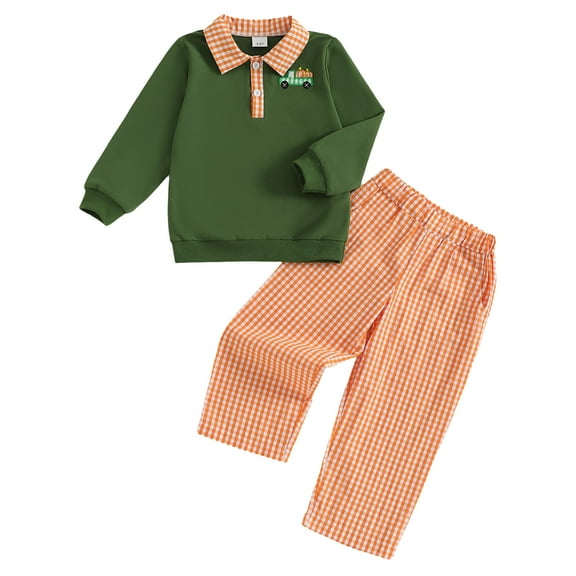 newwalpole Toddler Boy Christmas Car Plaid Polo Outfit - 2 Piece Set with Embroidered Sweatshirt and Checkered Pants for Holiday Dark Green for Size 5-6 Years