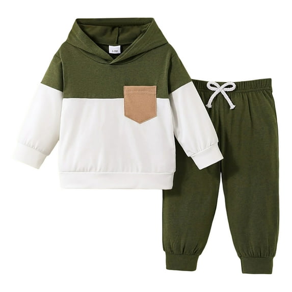 newwalpole Toddler Boy Clothes Long Sleeve Hoodie Sweatsuits Tops and Pants Boys Fall Winter Color Block Outfits Set Amry Green for Size 9-12 Months