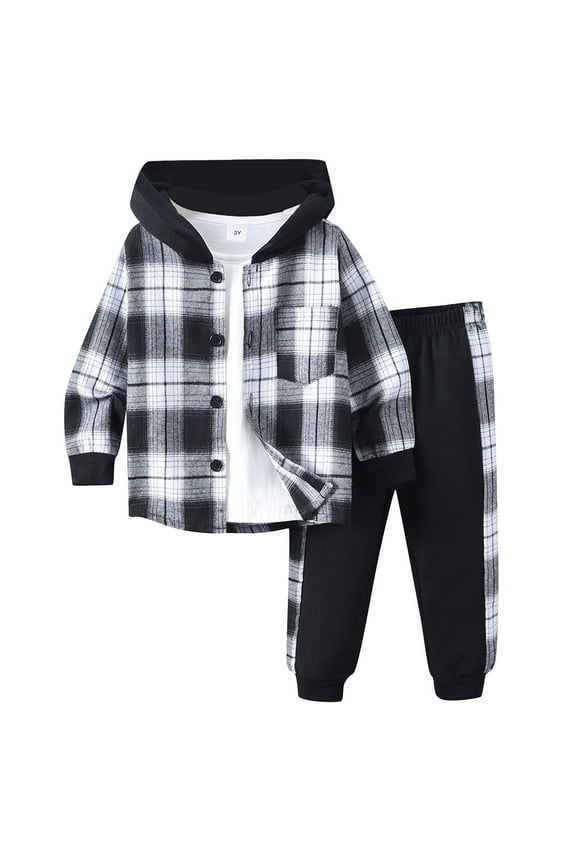 Toddler Boy Clothes Plaid Hooded Shirt - 2 Piece Outfit: Button Front Toddler Hoodie & Sweatpants Set Black for Size 3 Years