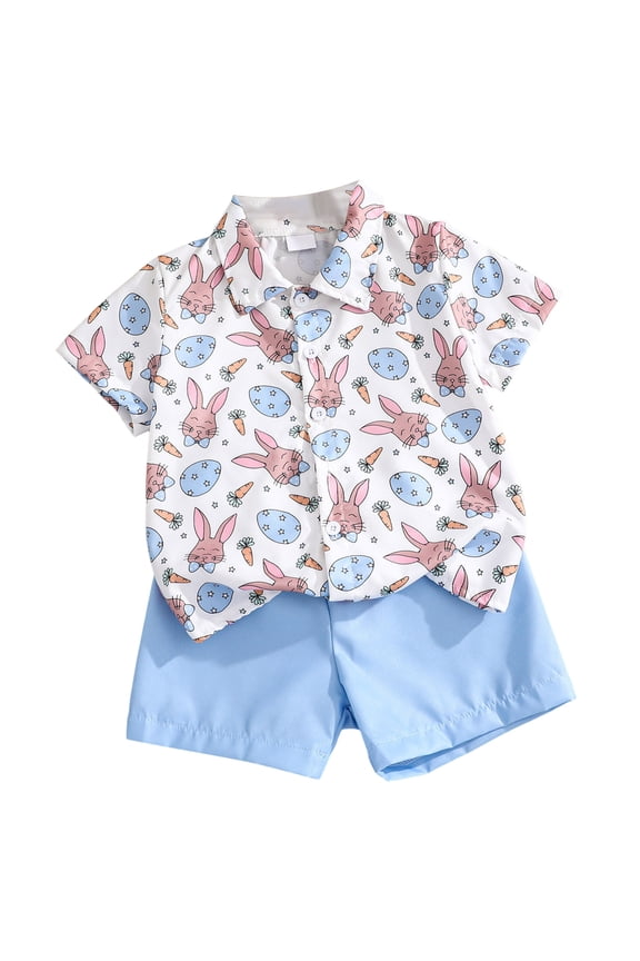Toddler Boys Easter Outfits Adorable Bunny Embroidery Short Sleeve Round Neck Tops and Plaid Shorts Set Sky Blue for Size 2-3 Years