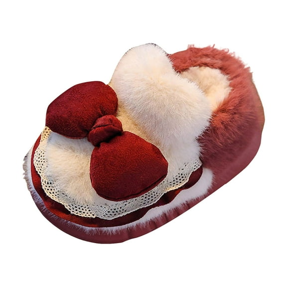 newwalpole Toddler Boys Girls Cozy House Slippers Warm Plush Winter Soft Sole Cotton Slipper for Kids Non-Slip Cute Bow Indoor Shoes Red for Size 10