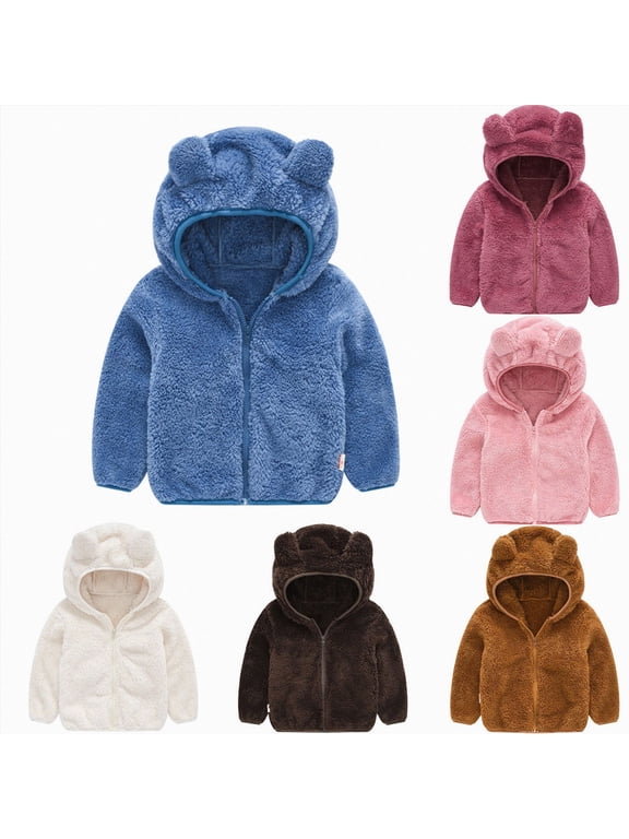 Toddler Boys Girls Hooded Jacket Fleece Hoodie Winter Warm Solid Color Teddy Coat Zip-up Bear Ear Sweater Fall Clothes(Coffee,18-24 Months)