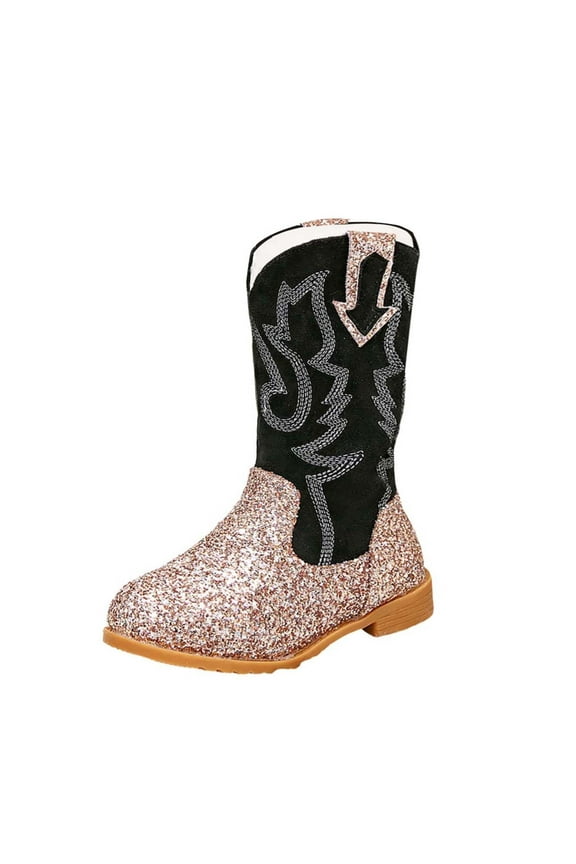 Toddler Cowgirl Boots Little Girls Cowboy Western Boot for Kids Sparkly Glitter Star Mid Calf Square Toe Horse Riding Shoes for Birthday Party Gold for Size 1.5