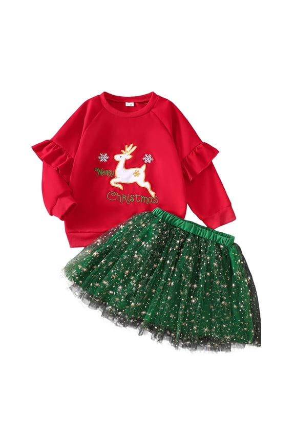 Toddler Girl Christmas Outfit Merry Christmas Letter Sweatshirt Ruffle Top Tulle Tutu Skirt Set Xmas Clothes Red for Size 5-6 Years