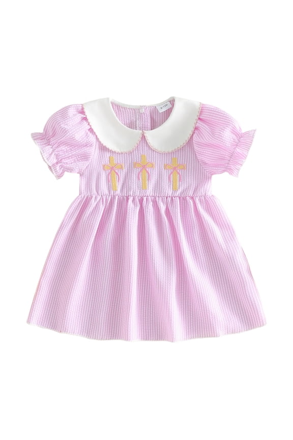 Toddler Girl Easter Smocked Dress Peter Pan Collar Puff Short Sleeve Embroidery Dresses Kids Plaid Spring Clothes Red for Size 6-12 Months