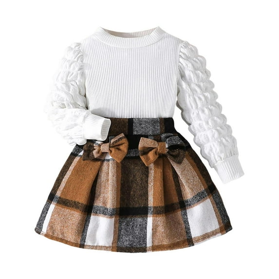 newwalpole Toddler Girls Plaid Outfits Fall Winter Knit Ribbed Bow Sweatshirt Tops Pleated Skirts Set Holiday Picture Clothes Brown for Size 3-4 Years