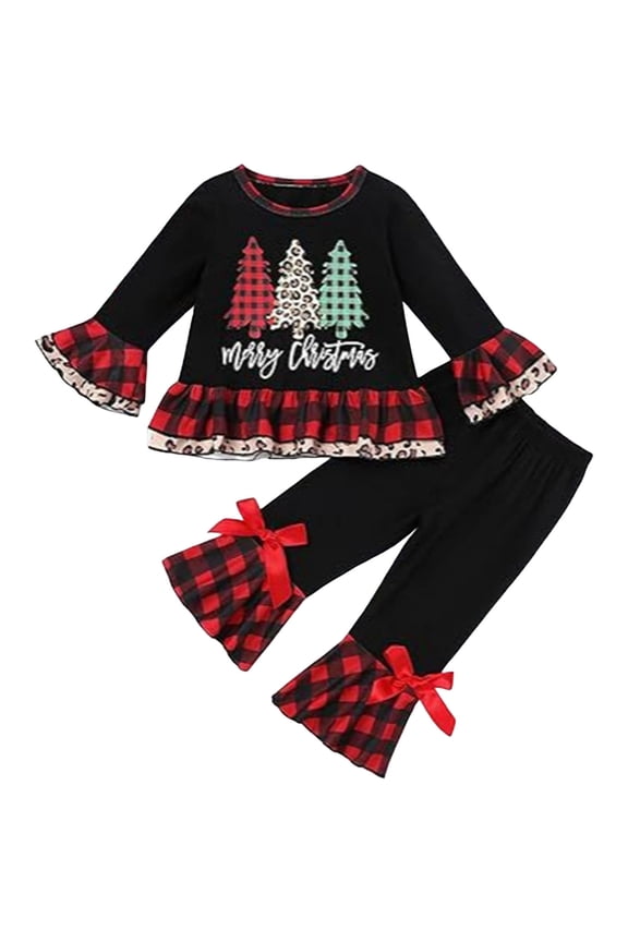 Toddler Girls Sets Christmas Party Outfits Long Sleeve Prints T Shirt Tops Pants Two Piece Xmas Kids Princess Outfits Black for Size 18-24 Months