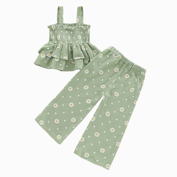 newwalpole Toddler Kids Girl Summer Outfit 6 9 12 18 24 Months 2T 3T 4T 5T Plaid Clothes Bow Sling Ruffle Top Waffle Pants Set Green for Size 12-18 Months