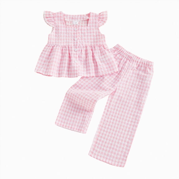 newwalpole Toddler Kids Girls Plaid Clothes Set 12 18 24 Months 2T 3T 4T 5T Flying Sleeve Button Up A-line Tops Long Pants Summer Outfits Red for Size 18-24 Months