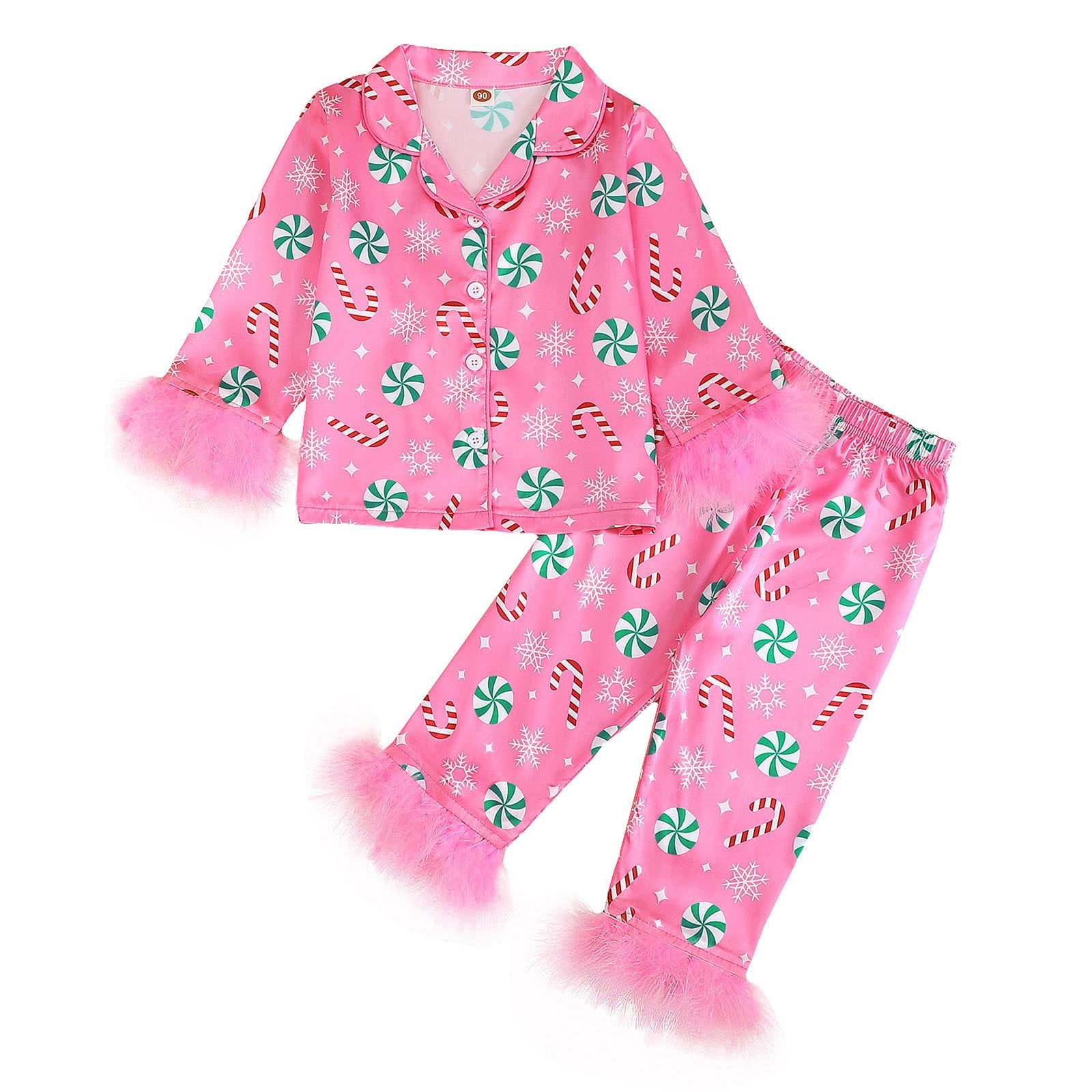 newwalpole Toddler Satin Merry Christmas Outfit For Kids Long Sleeve Feather Trim Pant Set Little Girl Fall Winter Clothes Hot Pink for Size 5-6 Years