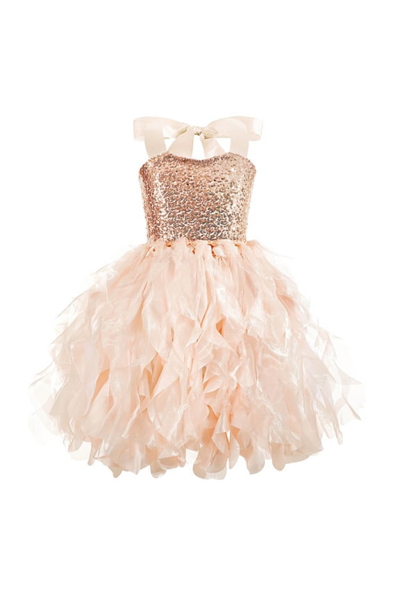 Tutu Dress for Girls Sparkly Sequin Tulle Princess Birthday Party Prom Outfit Toddler Girls Sneaker Ball Gown Dress Rose Gold for Size 8-10 Years