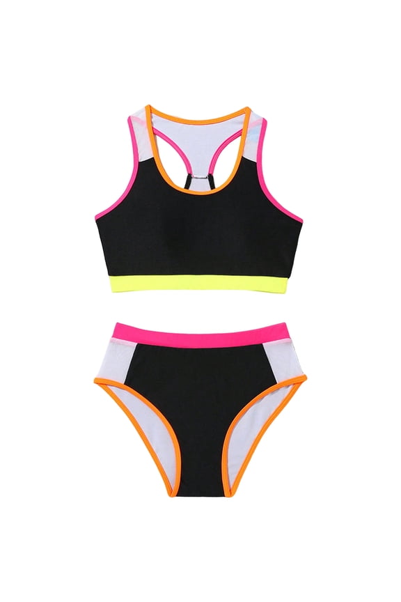Tween Girls Swimsuits 2 Piece Color Block Bikini Sets with Chest Pad Black for Size 9-10 Years