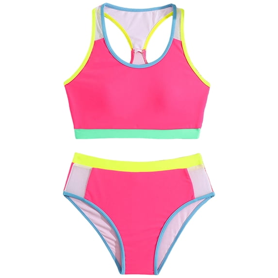 newwalpole Tween Girls Swimsuits 2 Piece Color Block Bikini Sets with Chest Pad Hot Pink for Size 9-10 Years