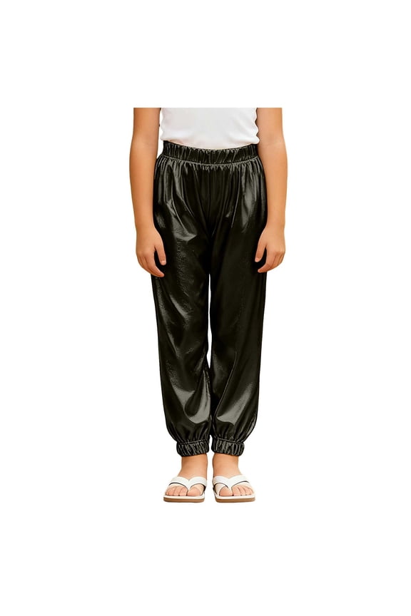 Unisex Boys Girls Shiny Metallic Dance Pants Festival Party Pants Disco Loose Harem Trousers Black for Size 8-9 Years