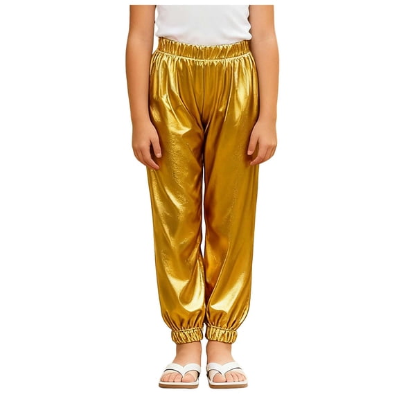 newwalpole Unisex Boys Girls Shiny Metallic Dance Pants Festival Party Pants Disco Loose Harem Trousers Gold for Size 8-9 Years