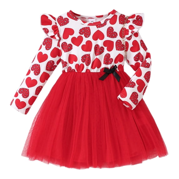 newwalpole Valentine's Girls Velvet Heart Printed Layered Tulle Hem Ruffle Sleeve Tutu Dress Red for Size 5-6 Years