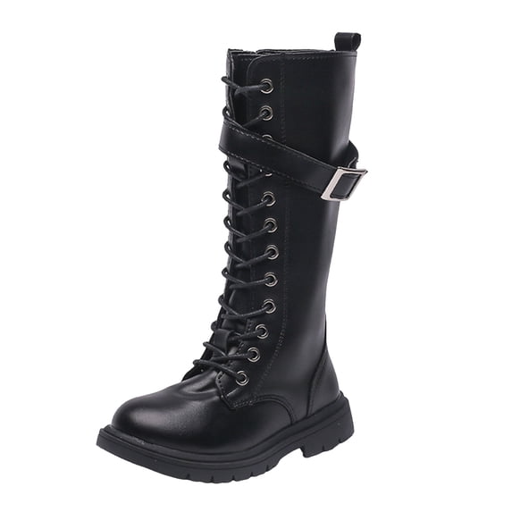 newwalpole Winter Boots for Girls, Leather Lace Up Combat Boots with Side Zipper Fashion Comfortable Round Toe Low Heel Knee High Riding Boots Winter Tall Boots Little Kid/Big Kid Black for Size 3.5
