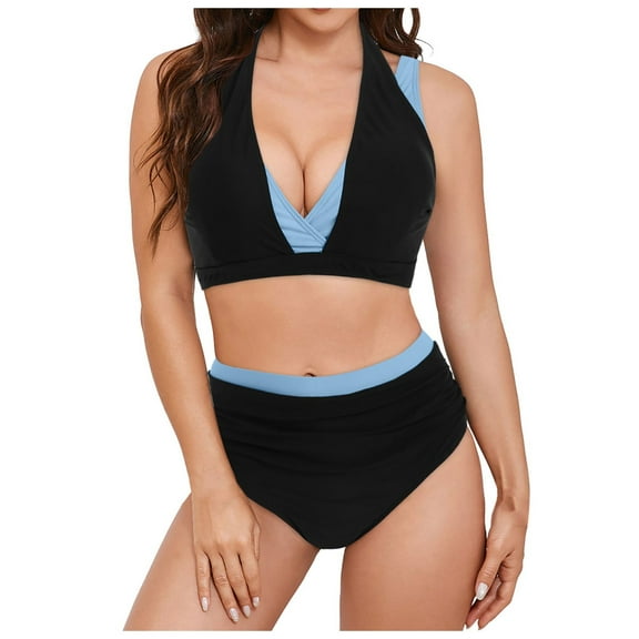 newwalpole Women Plus Size High Waisted Bikini - Ribbed Two Piece Swimsuit Tummy Control Bathing Suit V-Wired 2026 Swimwear Black for Size S