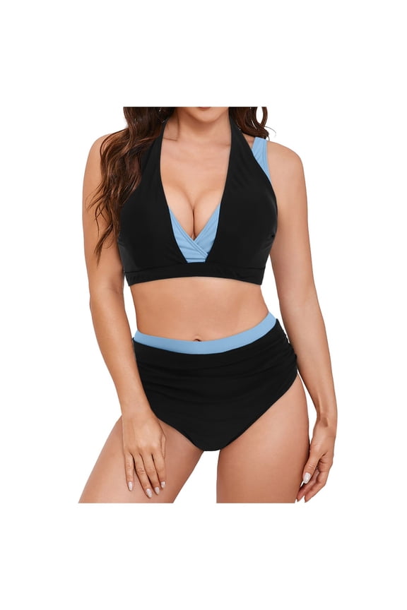newwalpole Women Plus Size High Waisted Bikini - Ribbed Two Piece Swimsuit Tummy Control Bathing Suit V-Wired 2026 Swimwear Black for Size S