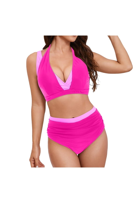 newwalpole Women Plus Size High Waisted Bikini - Ribbed Two Piece Swimsuit Tummy Control Bathing Suit V-Wired 2026 Swimwear Red for Size M