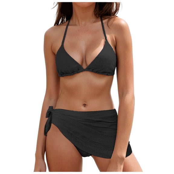 Quealent Women's Bikini Sets High Waisted Swim Skirt Tummy Control Swimsuits Two Piece Scalloped Trim Bathing Suit Black for Size XL