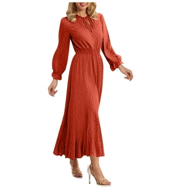 newwalpole Women's Fall Boho Floral Midi Dress 2025 Casual Long Sleeve Crewneck Flowy Wedding Guest Long Dresses Red for Size S