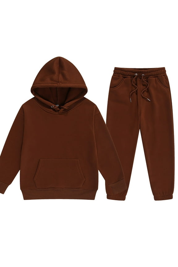Young Boys Clothes Long Sleeve Hooded Pullover Solid Color Sweatshirt With Pockets + Pants 2pcs Fall Winter Outfit Set Coffee for Size 8-9 Years
