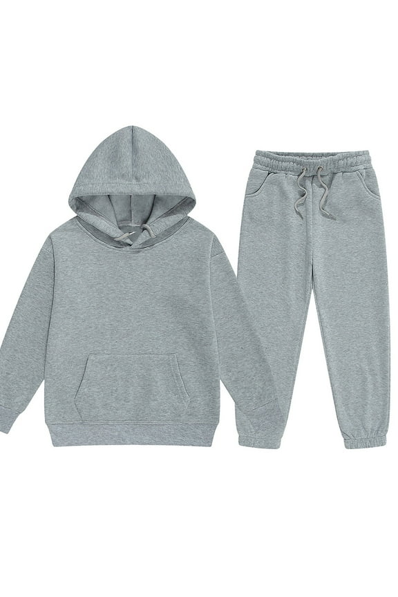 Young Boys Clothes Long Sleeve Hooded Pullover Solid Color Sweatshirt With Pockets + Pants 2pcs Fall Winter Outfit Set Gray for Size 10-11 Years