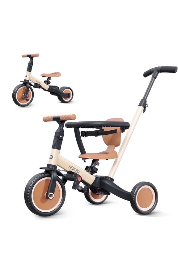 TR008 5-in-1 Toddler Tricycle with Push Handle, Converts to Balance Bike for 1-3 Year Old, Khaki