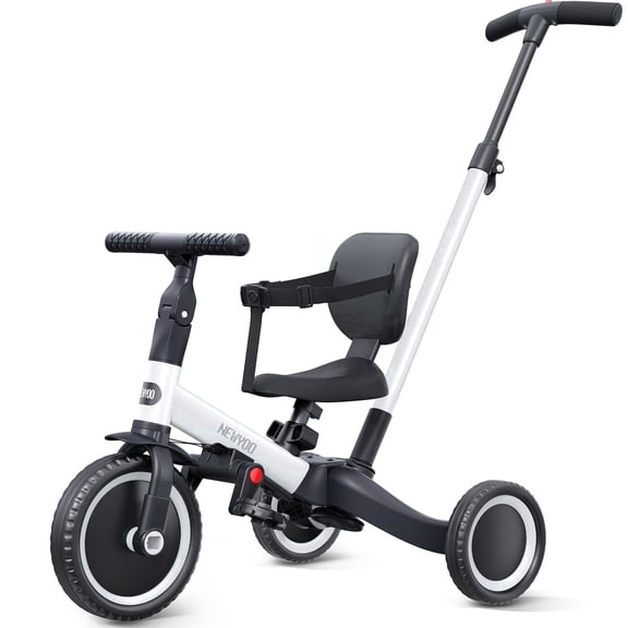 newyoo Toddler Bike, 5 in 1 Tricycles for 1-3 Year Old, Balance Bike, Birthday Gift and Toy for Boys and Girls, Kids Tricycle with Parent Steering Push Handle, Removable Pedals, White, TR007