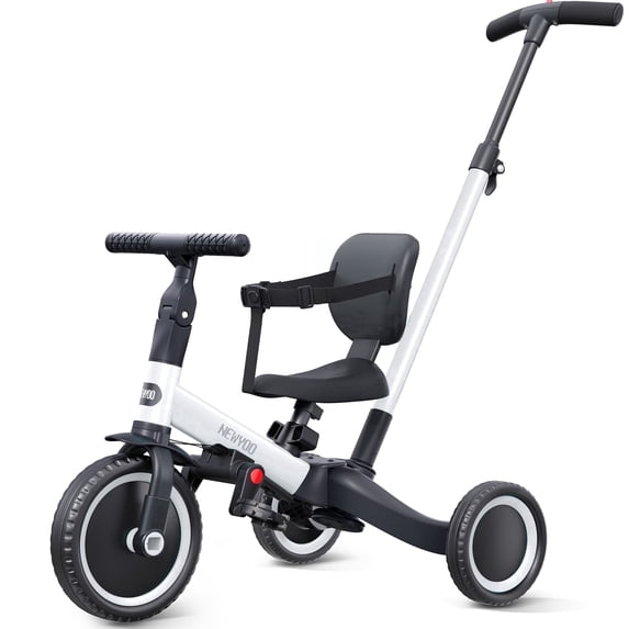 newyoo Toddler Bike, 5 in 1 Tricycles for 1-3 Year Old, Balance Bike, Birthday Gift and Toy for Boys and Girls, Kids Tricycle with Parent Steering Push Handle, Removable Pedals, White, TR007