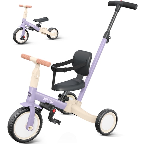 newyoo Toddler Tricycle with Push Handle for 1-3 Year Old, Toddler Bike, Birthday Gift for Boys and Girls, 5 in 1 Kids Trike, Balance Bike with Backrest and Safety Belt, Purple, TR007