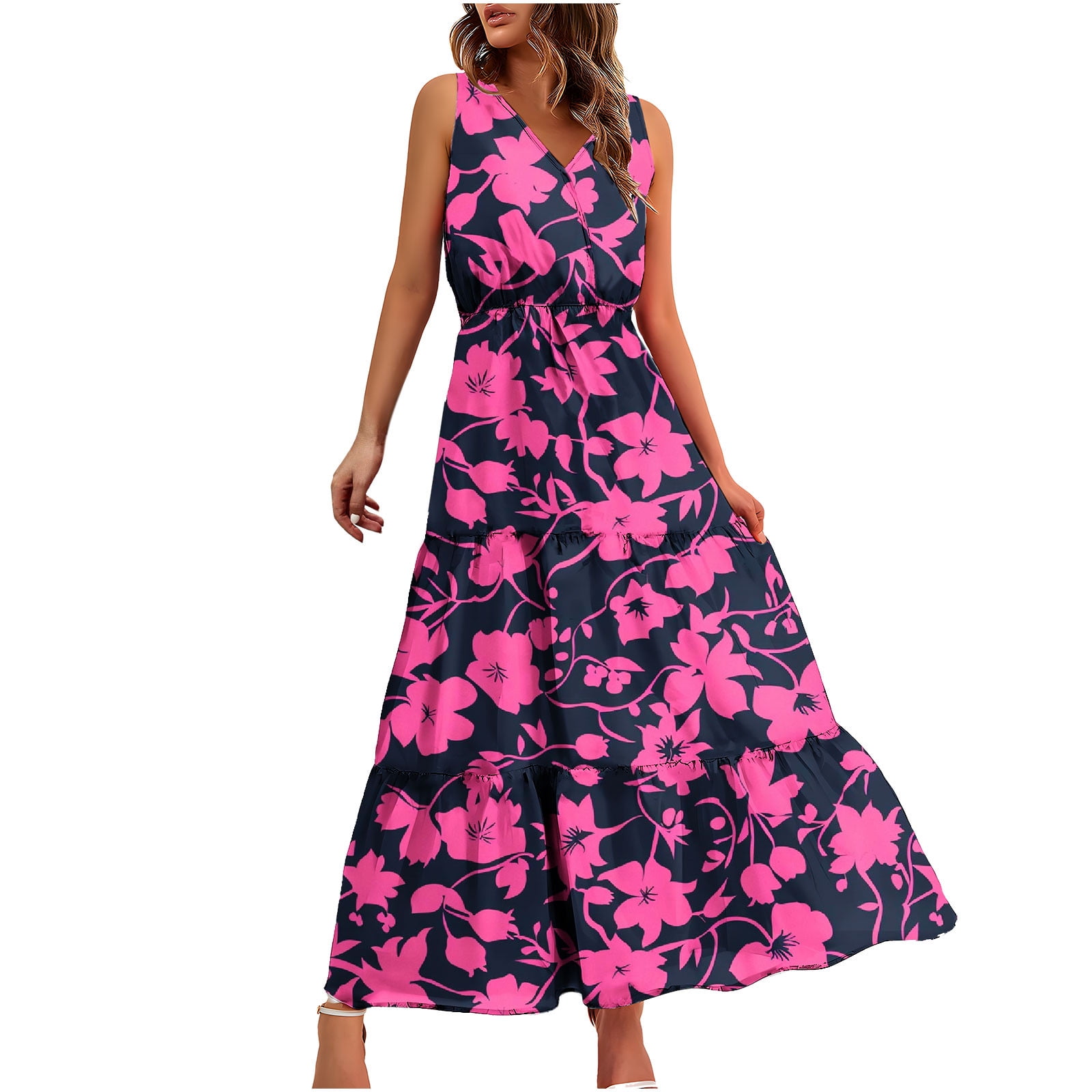 nhApmj Women Summer Dresses Casual Sleeveless V Neck Cute Floral Wedding Guest High Waisted Temperament Long Maxi Dress Walmart