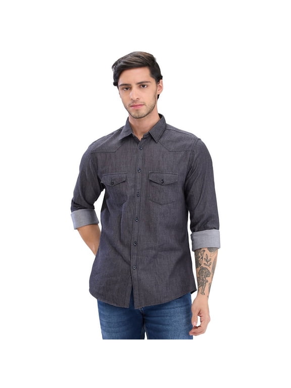100% Cotton Slim Fit Mens Shirts Blackish Grey Denim with 2 Flap Pocket and Front Yoke (US, Alpha, Small, Regular, Regular, Black Thread)