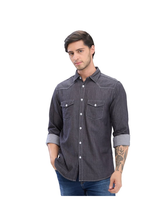 100% Cotton Slim Fit Mens Shirts Blackish Grey Denim with 2 Flap Pocket and Front Yoke (US, Alpha, Small, Regular, Regular, White Thread)