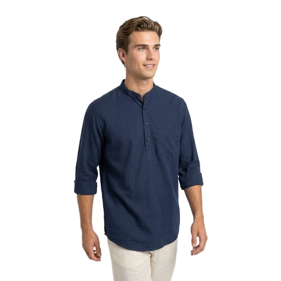 nick&jess Men's Slim Fit Henley 100% Cotton Linen Shirt, Long Sleeve, Pocket